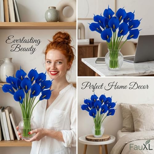 Image of 10 Pcs Artificial Calla Lily Flowers Bunch for Vase and Flower Pots- Premium Real-Look Faux Lily Stems for Home Decor, Living Room, Bedroom, Office Decoration (Vase not Included) (Blue)