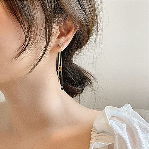 Asymmetrical Star Moon Tassel Drop Dangle Earrings For Women Teen Girls Dainty Long Lucky Star Crescent Planet Chain Tassel Earrings (Gold:a) #TOP3