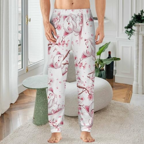 Cute Cat With Cherry Flowers Men's Pajamas Pants Lightweight Sleep Lounge Pant Pjs Bottoms Casual Sleepwear2