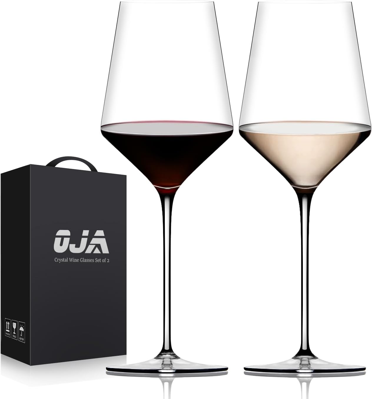 OJA Hand-Blown Lead-Free Crystal Red Wine Glasses Set of 2, 15oz Thin Rim Long Stem - Ideal for Daily Use or Gifts