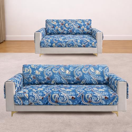 Image of Homerz Premium 5(3+2) Seater Quilted Reversible Sofa Cover Mat with Pocket Arms | Polyester Blend 350 GSM Full Coverage & Back Belt for Stability (Floraya, 5(3+2) Seater)