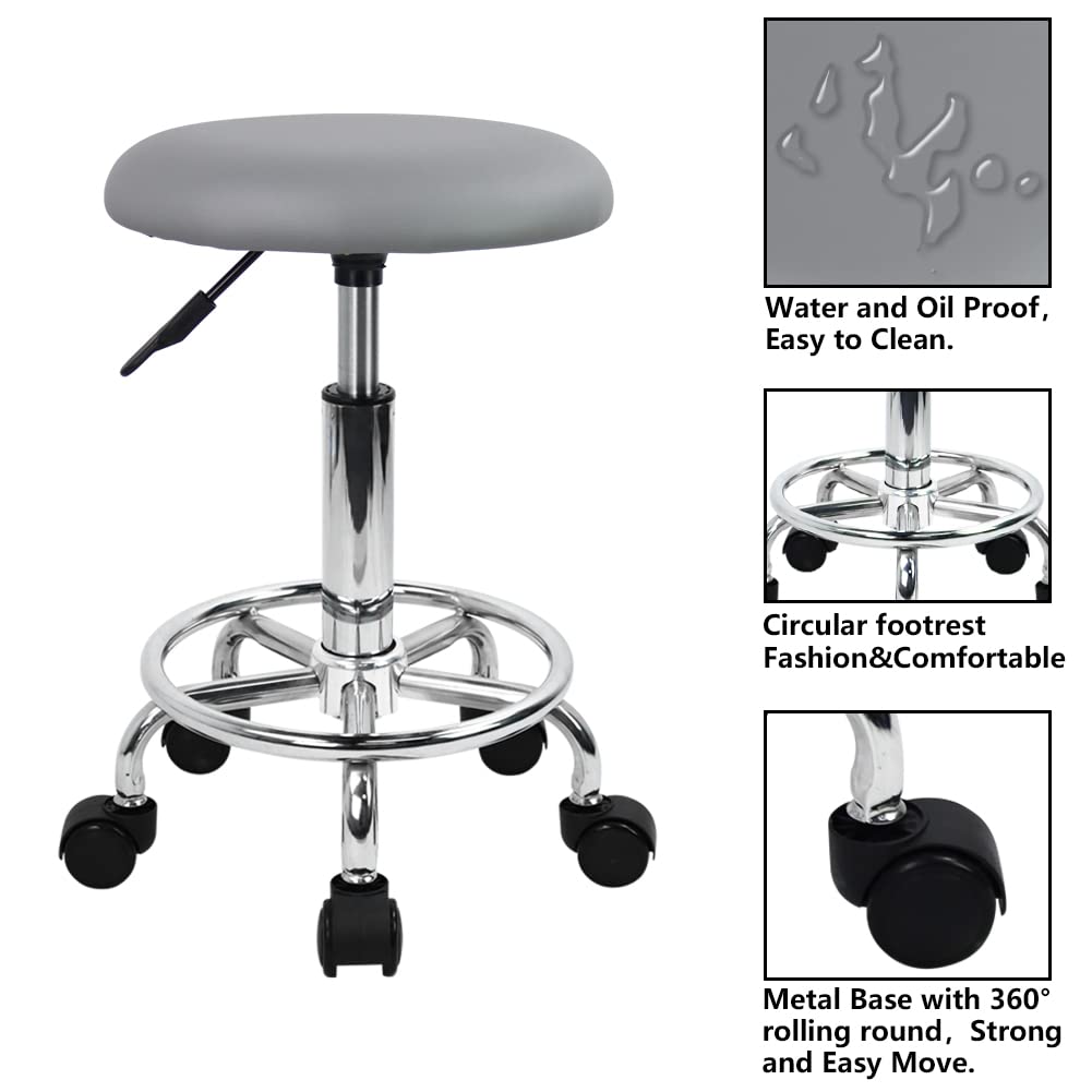 KKTONER Taburete con Ruedas y reposapiés de Piel sintética Taburete de Trabajo Redondo Giratorio 360° Taburete de Oficina con Altura Ajustable 49-64cm Gris