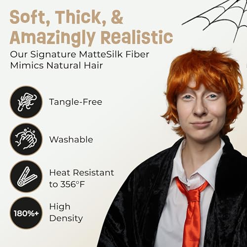 Image of ALLAURA Compatible with Ron Weasley Costume - Short Orange Wig for Adults & Kids - Ideal for Wizard, Ed Shran, Halloween Cosplay, Movie Characters, Funny Party Looks, Redhead Wig Styles