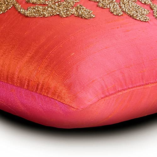 The Homecentric Throw Pillow Cover With Zipper, Decorative Pink & Gold 22"X22" (55X55 Cm) Throw Pillow Covers, Silk Damask, Beaded & Embroidered Throw Pillows For Sofa, Abstract - Damask Silk Pink #TOP1