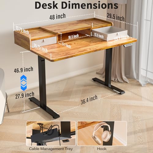 Kingant 48 x 30 Inch Electric Standing Desk with Dual Drawers, Adjustable Height Computer Desk for Home Office, Large Workstation Sit Stand Up Desk with Built-in Storage Shelf, Light Rustic Brown — view 2