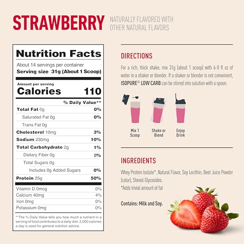 Image of Isopure Low Carb 100% Pure Whey Isolate Protein Powder, Lactose Free, Gluten Free, With Vitamins, Strawberry, 25g Protein Per Serving, 1 Lb, 14 Servings (Packaging May Vary) | 25g Protein Per Serving, 100% Whey Protein Isolate, Lactose Free, Gluten Free, with Added Vitamins, 5 or Less Ingredients