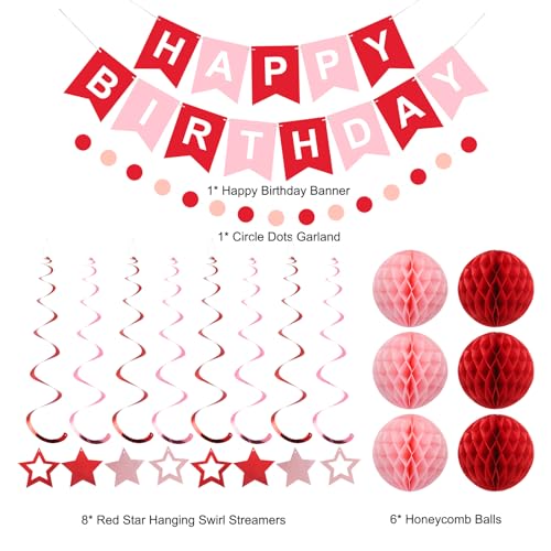 Image of Birthday Decorations Happy Birthday Banner with Honeycomb Balls | 16pcs Birthday Set: 1 Banner+6 Honeycomb Balls+8 Star Spirals+1 Circle Dots, Happy Birthday Decor - Red