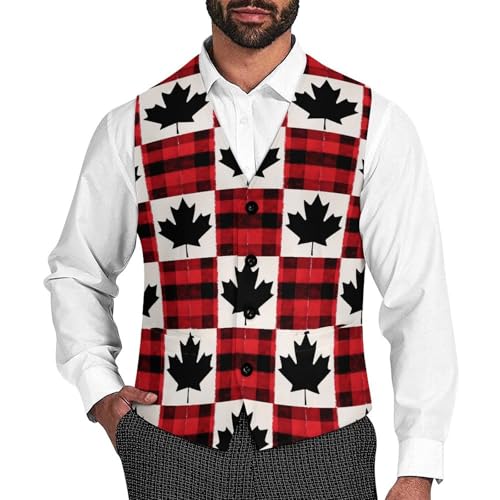 Canadian Flag Scottish Tartan Plaid Checkered Trendy Vest Suit for Men V Neck Formal Dress Waistcoat Vests Business Slim Fit