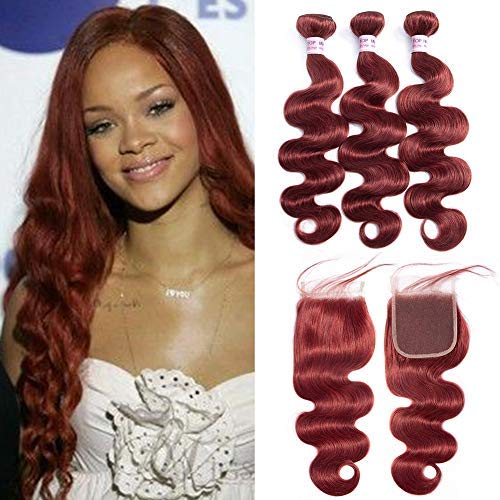 Aigemei Peruvian Burgundy Color Human Hair 3 Bundles with Closure Body Wave 4×4 Virgin Hair Lace Closure with Bundles Unprocessed Human Hair Extensions(16 18 20+16 Closure,Color 33)