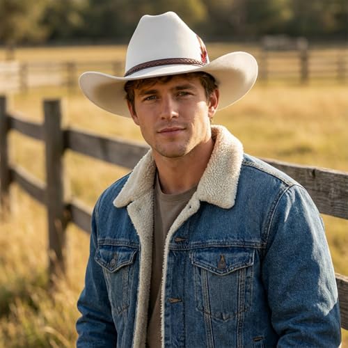 Image of Western Cowboy Cap for Men Women, Woolen Wide Brim Cowgirl Cap Belt Buckle Fedora Hat with Feather
