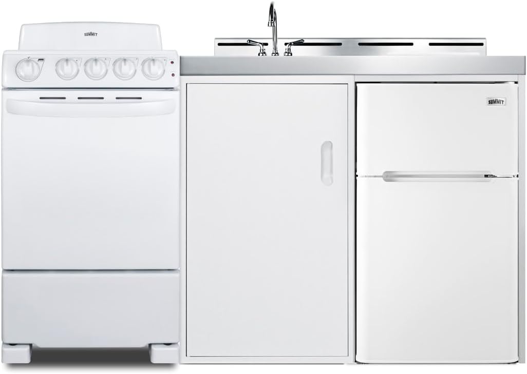 Summit 60" All-in-One Kitchenette with Electric Coil Range, Refrigerator-Freezer, Sink, White- ACK60COILW