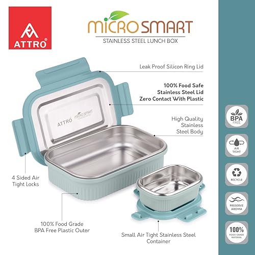 Image of ATTRO Micro Smart Stainless Steel Lunch Box with Inner Steel Body, Microwave Safe Without Lid, Airtight Leakproof with Small Container for Office, School Kids & Outdoor Use - 800ml+180ml-Green