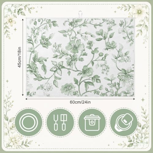 Image of Domensi 2 Pack Gingham Sage Green Dish Drying Mat Floral Microfiber Mat