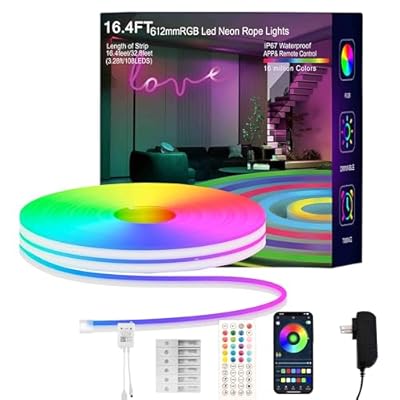 MFWW Neon Rope Lights, 16.4FT RGB LED Strip Lights App Control,IR Remote,Music Syncing,Outdoor IP67 Waterproof,Flexible DIY Design for Bedroom,Living,Gaming,Party Decoration
