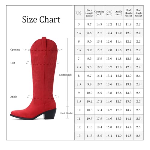 Image of Pasuot Western Cowboy Boots for Women - Knee High Wide Calf Cowgirl Boots, Slip On Pointed Toe Chunky Heel Fashion Retro Classic Pull On Tall Boot for ladies Party concert Matte Red US 8