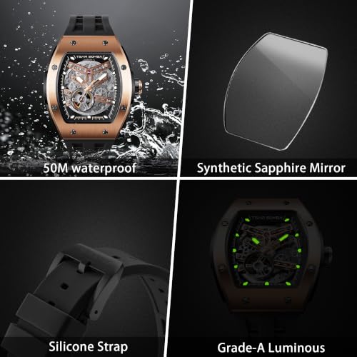 Image of TSAR BOMBA Men's Automatic Watch Tonneau Luxury Skeleton Watches for Men Mechanical 50M Waterproof Analogue Watches Mens Unique Cool Square Big Face Dial Wristwatch with Silicone Strap Band