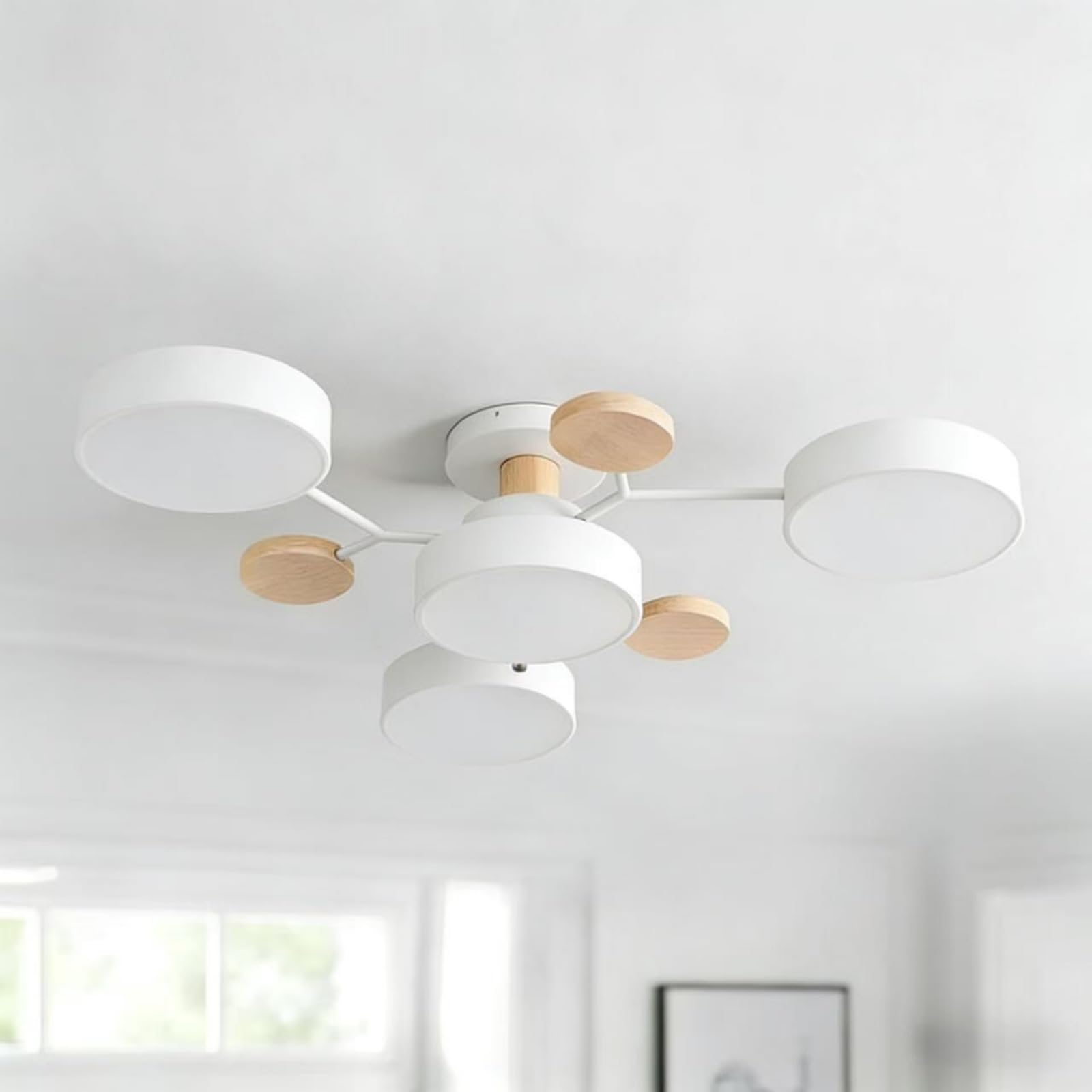 Ceiling Light, Modern Semi Flush Mount Ceiling Light, Nordic Wood Chandelier with Circular Acrylic LED Shade for Living Room, Bedroom, Dining Room Requires Assembly (White, 4 Heads, White Light)