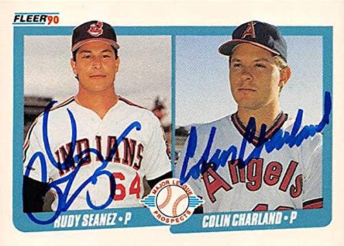 Colin Charland Rudy Seanez autographed baseball card 1990 Fleer #640 prospects (Cleveland Indians California Angels)