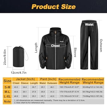 LAMA Regenpak (regenjas regenbroek), voor dames en heren, reflecterend, waterdicht, capuchonjas, uniseks, ademende regenbroek, regenkleding met capuchon, zwart, XL