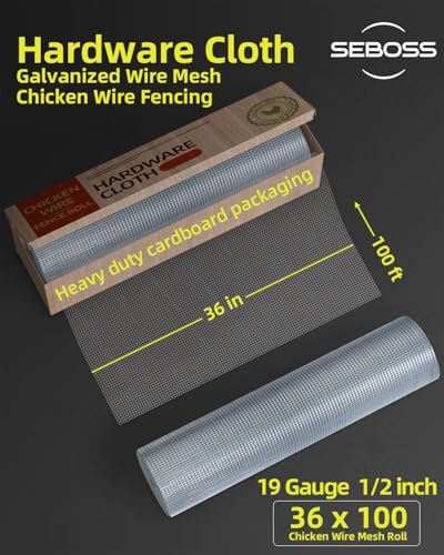 SEBOSS Hardware Cloth 1/2 inch 36 x 100 ft 19 Gauge, Hot-dip Galvanized After Welding, Chicken Wire Fencing Wire Mesh Roll Snake Fence Welded Wire Fencing Mesh & Wire Cloth