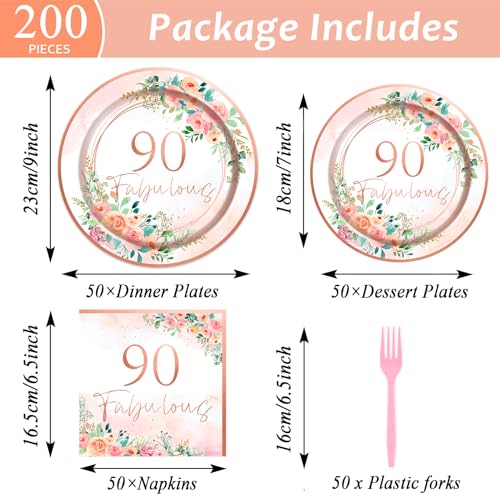 50 Guests 90th Party Decorations Plates Napkins Rose Gold Party Tableware Set Fabulous Party Supplies Women 90th Birthday Floral Paper Plates Napkins 200PCS by gisgfim - Used condition - Image 2