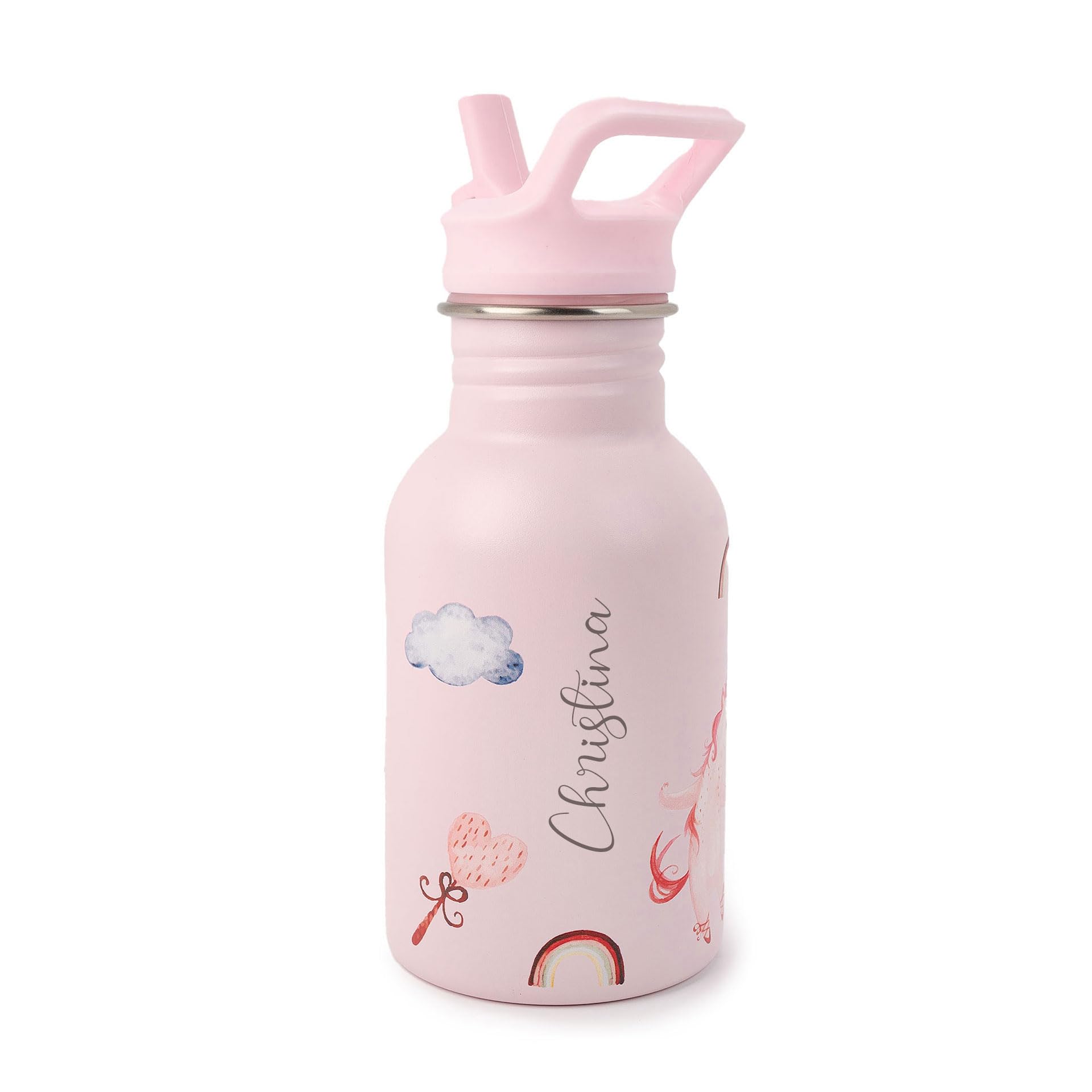 J.Børn Personalisierte Flasche mit Strohhalm für Kinder 350ML | Handgemalte Designs | Einhäutige, lebensmittelechte Edelstahlflasche | Leichte Wasserflasche | Auslaufsichere Flasche (Einhörner)
