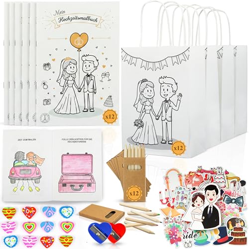 12er Set Gastgeschenke Hochzeit für Kinder Inklusive Hochzeitsmalbuch Buntstifte Geschenktüten Ideale Hochzeit Kinder Beschäftigung für kleine Gäste Notfallkörbchen für Gäste und Geschenkidee