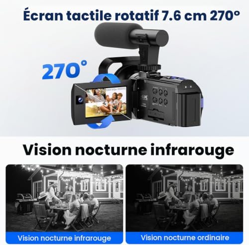Caméra Vidéo Caméscope 5K WiFi Vlogging Youtube Caméra 56MP Double objectif 16X Zoom numérique IR Vision nocturne 3" 270° Écran tactile Caméra Vidéo avec 2 Piles, Carte 64 Go, Microphone, Télécommande – vue 4
