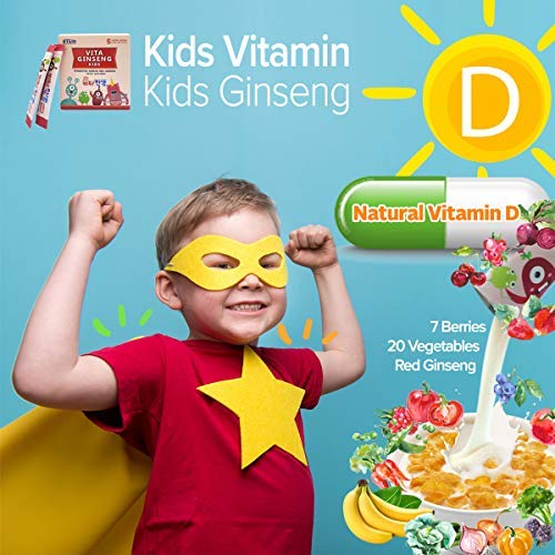 Btgin Vita Ginseng Kids, Vitamin D, 7 Berries, Banana, 20 Vegetables, Milk Powder For Immune Support, Focus And Memory Boost, 30 Packets (1Set) #TOP3