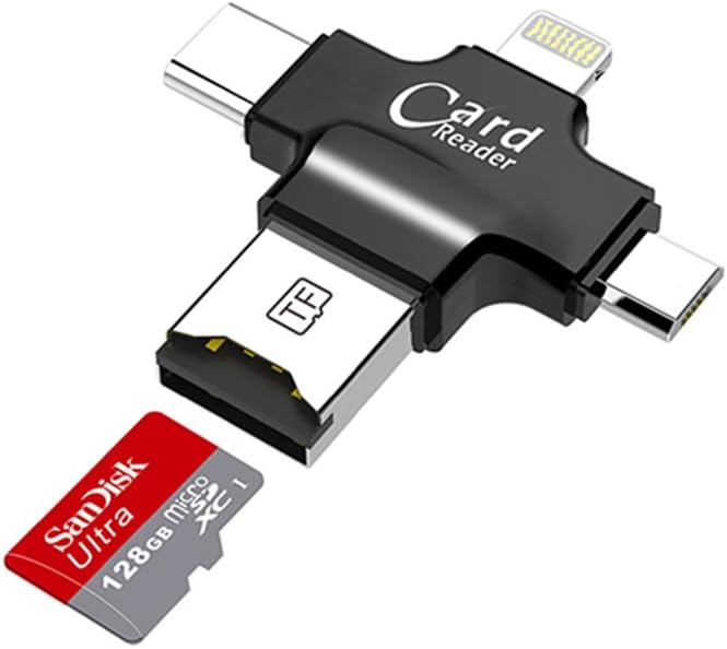 Micro SD Card Reader Caithly 4 in 1 Card Reader with Type-C USB Connector OTG HUB Adapter, TF Flash Memory Card Readers for iPhone iOS/Android Micro USB/Type-C Port Phones/Mac/PC (Black)