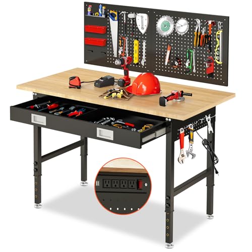 Image of 60 inch Workbench with Drawers, Adjustable Height Work Bench 2000 LBS Heavy-Duty Work Table Rubber Wood Work Station with Power Outlet & Pegboard for Garage, Office, Workshop, Home, Party Shop
