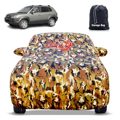 Image of Premium Car Cover for Hyundai's Tucson 2005-2015 Models | Waterproof, UV & Dust Protection | Mirror & Antenna Pocket | Triple Stitched, Soft Inner Lining, Belt & Buckle (Jungle Print)