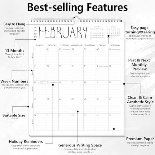 Guasslee Wall Calendar 2026-2027, 14"x11.5" Vertical Wall Calendar 2026, 13-Month Desk/Wall Calendar From 2026 Jun - 2027 Jun, Monthly Hanging Planner Spiral Bound For School Home Office Organizing - Thumbnail 3