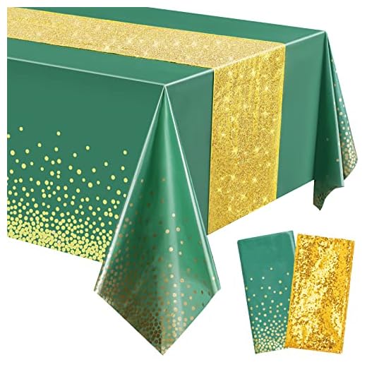 Tablecloth and Sequin Table Runner Set Polka Dots Confetti Table Cover Dining Plastic Table Cloths Glitter Decorations for Birthday Wedding Anniversary Party Supplies (Green, Gold, 2 Pcs)