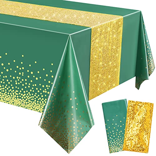 Image of Irenare 2 Pcs Green and Gold Tablecloth and Sequin Table Runner Set Polka Dots Confetti Table Cover Dining Plastic Tablecloths Glitter Decorations for Birthday Wedding Anniversary Party Supplies