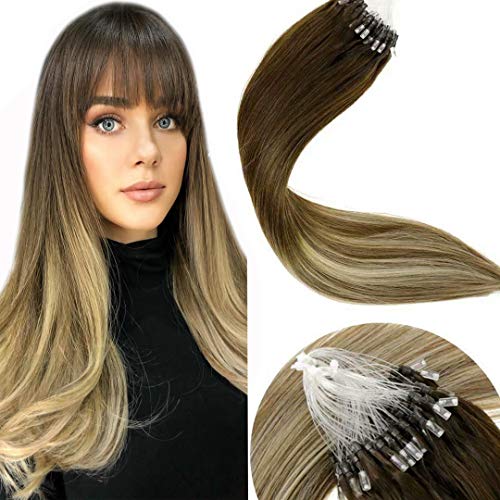 LaaVoo 14inch Micro Loop Hair Extensions Silicone Micro Beads Stick Tip Hair Extensions Micro Long Straight Balayage Ombre Color Darker Brown to Medium Brown and Light Blonde 50g/50s#3/6/24