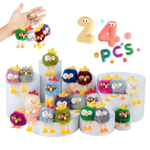 OMyFav 24PCS Chickie Keychains - Plush Keychain Goodie Bags Stuffers Kids Birthday Goodie Bags Stuffers Chick Keychain Bulk Classroom Prizes Backpack Charms for Kids Classroom Gifts Prize Box