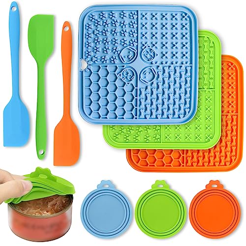 ArtHonor 3 Pcs Licking Mat for Dogs and Cats Set, 3 Lick Mats with Suction Cups for Dog Anxiety Relief, Cat Lick Pad?3 Spoons and 3 Silicone lids for pet Canning?9 Pcs in Total?