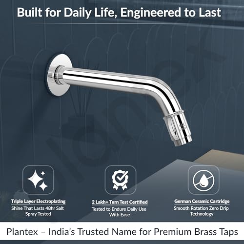 Image of Plantex Pure Brass Long Body Bib Cock Water Tap for Bathroom with Water Saving Aerator /Wall Mount Tap with Brass Wall Flange and Teflon Tape -7 Year Warranty by Plantex (MAG-1202, Chrome)