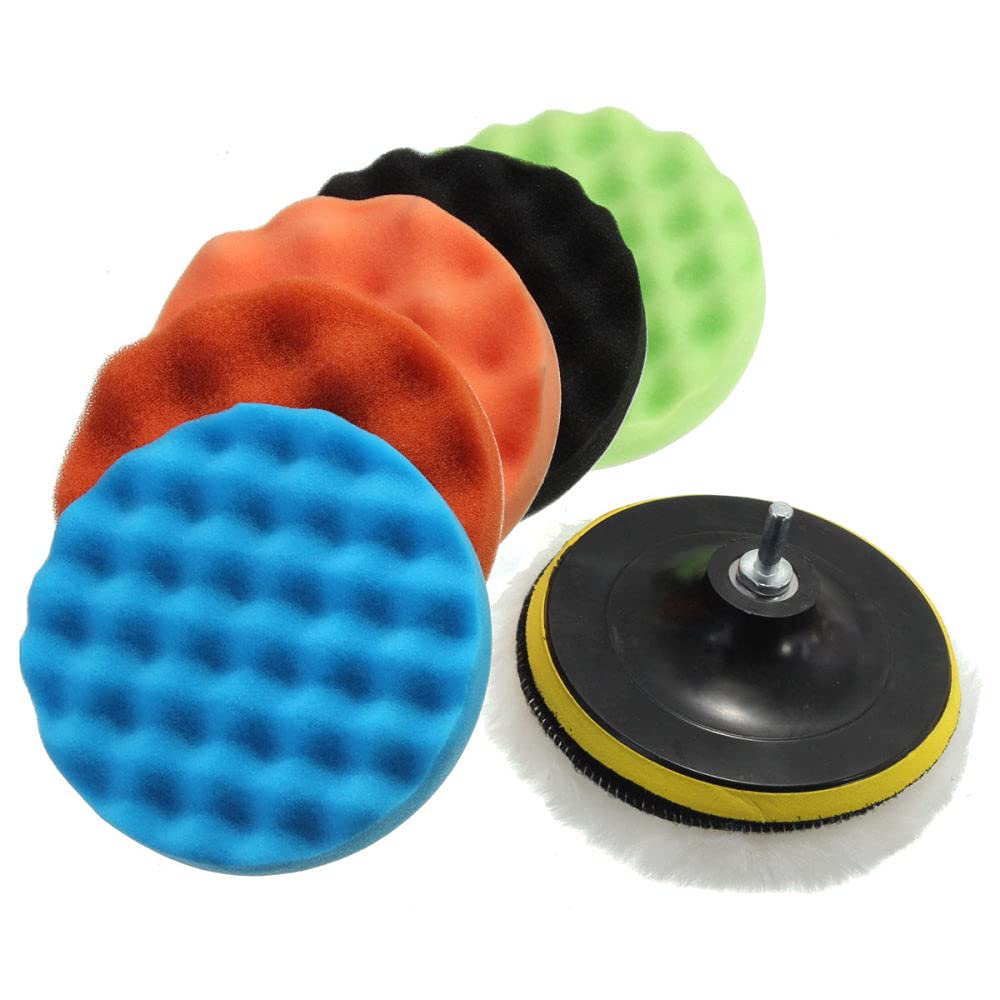 7pcs Almohadilla de pulido 3/5/6/7 pulgadas Kit de almohadilla de pulido de esponja de coche Adaptador de taladro de pulido abrasivo Accesorio de herramientas de compuesto de cera, 6 pulgadas