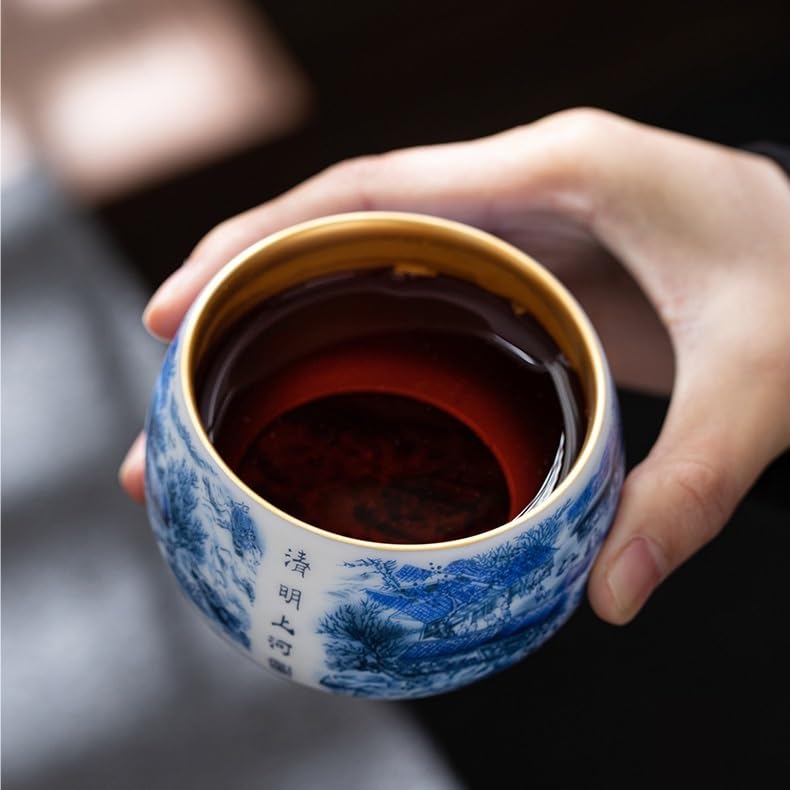 Tazas de té Pequeñas Taza de porcelana azul y blanca del maestro, taza té jadeíta, tazón individual a lo largo río durante el Festival Qingming, juego cerámica, lujo vintage Taza de té de Kungfu