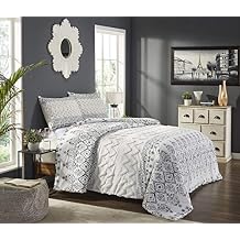 Beatrice Home Fashions Chennai 3-Piece Cotton Chenille Bedding Comforter Set, Queen, White and Black