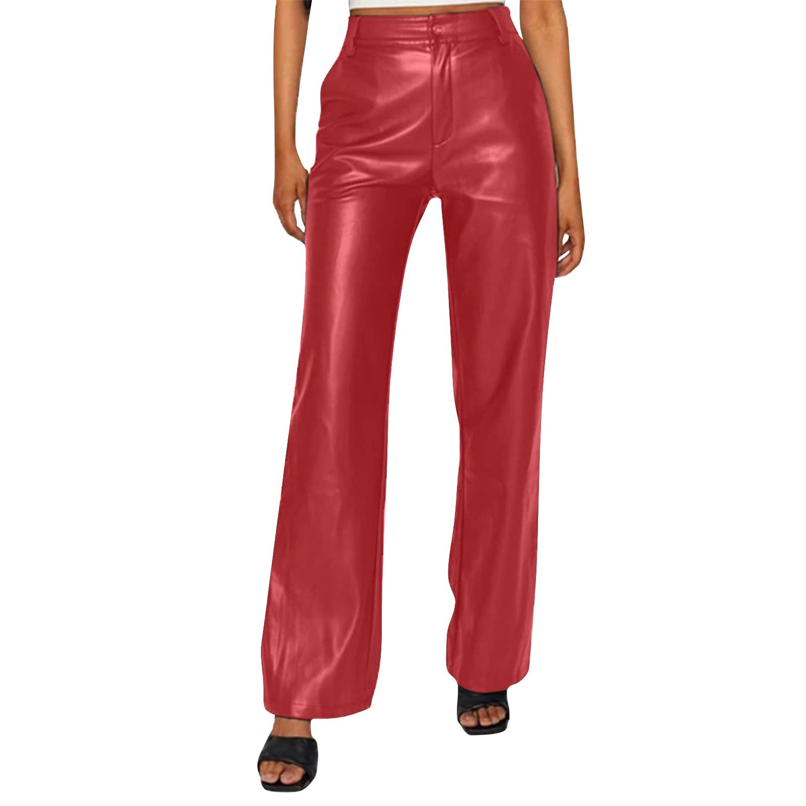 Wet Look Leggings Elastic Waisted Leather Fleece Trousers with Faux Tights Lining