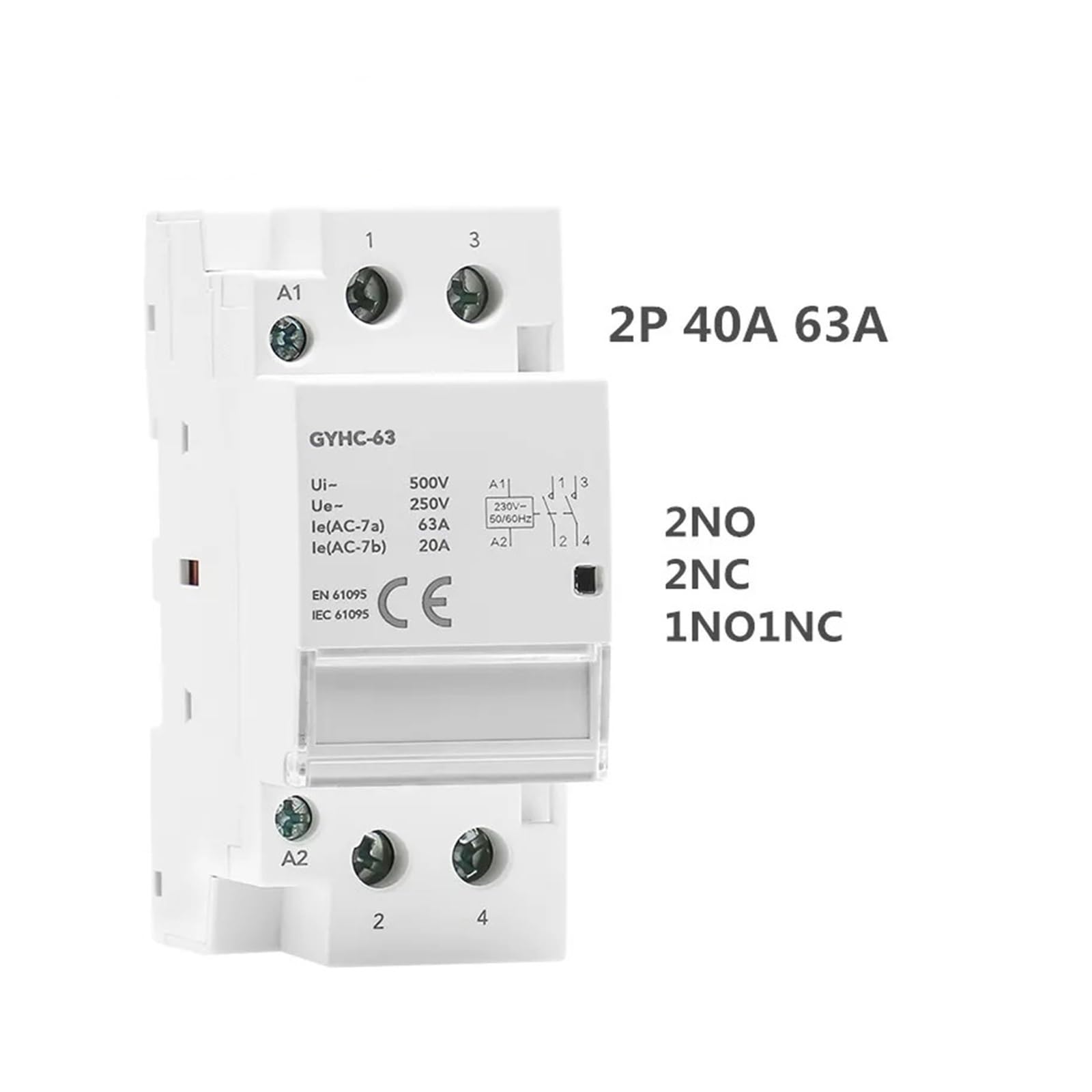 Modulares AC-Schütz 2P 4P 25A 63A 2NO oder 4NO 2NC2NO 220V/230V 50/60HZ DIN-Schiene Haushaltsschütztyp(2P 63A 2NO)