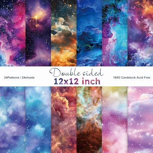 Galaxy Scrapbook Paper Starry Sky Patterned Paper 12×12-24 Sheets Double-Sided CardStock Journaling Planner Papers for Holiday Cardmaking DIY Origami Decorative Craft Papers.
