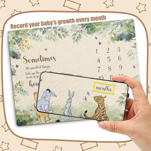 Image of Winnie Quotes Milestone Blanket, Baby Blankets with 8pcs Holiday Cardstock | Pooh Milestone Blanket for Baby, Polyester Material, Newborn Photography Background Decor, 35.4*47.2in