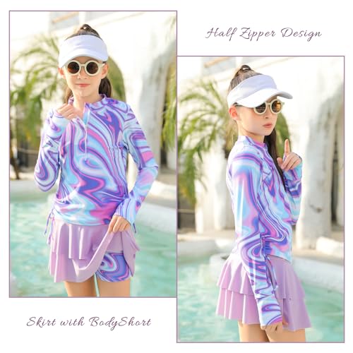 Image of Vogseek 3-12T Girls Rash Guard 2 Pieces Bathing Suit Long Sleeve Swimsuit Swimming Skirt with Shorts Swimwear
