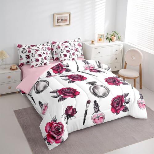 Image of 7 Pcs Pink Rose Queen Size Bedding Sets Girly Lady Makeup Perfume Comforter Set Vintage Sketch Roses Romantic Style Bed in a Bag with Comforter,Flat Sheet,Fitted Sheet,2 Pillowcases,2 Pillow Covers