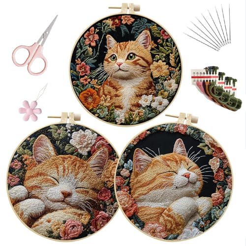 Image of EOBTAIN Orange Cat Embroidery Kit for Beginners, Cute Animal with Floral Embroidery Starter Kit,3 Pcs Flower Botanical Stamped Pattern with Hoop,Thread,Needles,Hand DIY Craft Kits for Adults