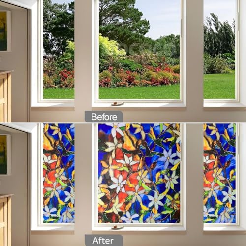 Image of MOCOCO Premium Vinyl Privacy Stained Window Glass Sticker (16x84 Inch) - Self-Adhesive Decorative Film Opaque Sheet Tint Wallpaper for Glass Cover Window, Door, Office, Home.| Anti-UV. Blue Patti